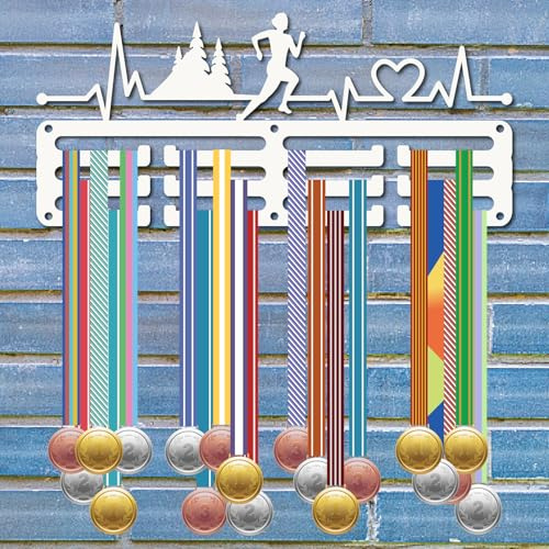 CREATCABIN Medaillenaufhänger Läufer Medaillenhalter Haken Gestell Display Wandmontage Aufhängen Kleines Eisendekor 3 Linie Geschenk Für Laufrennsieger Marathonspieler Medaillengewinner Weiß 13x29cm