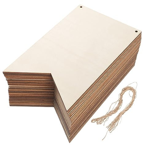 STOBOK 50 Pieces Unfinished Wooden Slices DIY Wood Sign Plaques 50 Hemp Ropes 15x9.6cm Blank Wood Plates for Crafts and Painting Suitable for Home and School Decoration