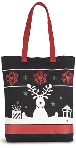 noTrash2003 Weihnachtliche Baumwolltasche Beumwollbeutel Einkaufsbeutel Stoffbeutel mit Weihnachtlichem Rentier Reindeer Motiv und langen roten Henkeln 38 cm x 42 cm Vegan und OekoTex zertifiziert