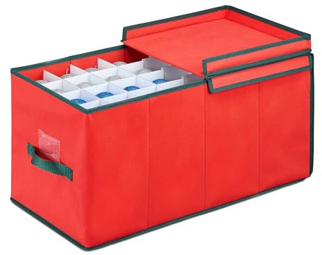 Relaxdays Caja Organizadora Adornos Navideños, Árbol Navidad, Forro Polar, Cartón, Bolsa Bolas, 30x30x60 cm, Rojo/Verde