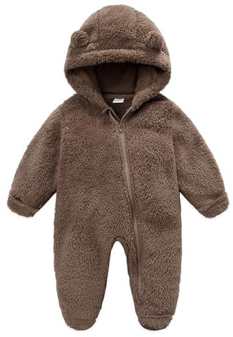 Geagodelia Toddler Infant Baby Boy Girl Romper Snowsuit Long Sleeve Bear Shaped Footies Hooded Button Up Full Length Plush Zipper Closure Winter Warm Fuzzy Fleece Jumpsuit (Brown, 9-12 Months)