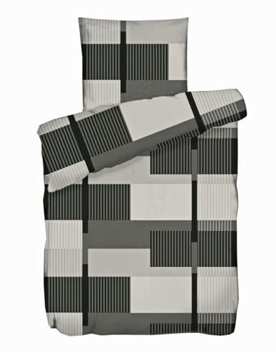 JACK Biber Bettwäsche 2 TLG. 135x200cm Streifen Grafik Türkis Grau Blau Baumwolle Reißverschluss Weich, Farbe:Grau