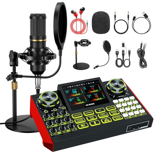 Podcast Microphone Bundle with Live Sound Card Audio Mixer, Podcast Equipment Bundle Sound Board with 3.5mm Condenser Microphone for Pc/Phone Live Streaming Singing Gaming,Voice Changer, Denoise