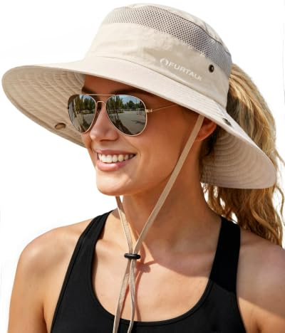 FURTALK Sun Hats for Women with Ponytail Hole Beach Hiking Summer Wide Brim Outdoor UV Protection Packable Bucket Safari Hat Beige
