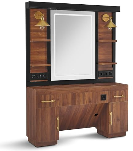 Barberpub Friseurplatz mit 2 Schubladen, Schminktisch mit Spiegel, Bedienungsplatz mit 4 Ablagen & 2 Schränken, Spiegelschrank aus Holz, Spiegeltisch mit Beleuchtung, Friseureinrichtung, 3167 (Braun)
