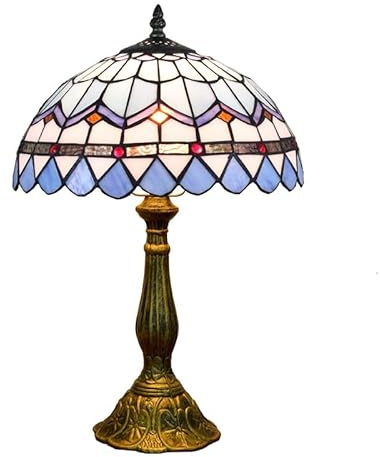 Crecobo Tiffany Stained Glass Table Lamp, 12-Inch Victorian-Style Blue Feather Bedside Lamp, Suitable for Home Decoration Such As Bedrooms, Dormitories and Coffee Shops