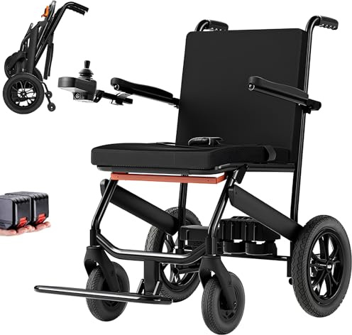 AMITD Elektrischer Rollstuhl Faltbar Leicht, 15 kg, 20 km, 400 w, Bis 150 kg, 3S Klappbar, Alle Gelände, Aluminium und Karbonfasern Rahmen, Montagefrei, Elektrorollstuhl für Indoor Outdoor Reise