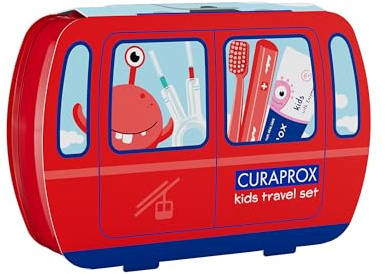Curaprox Kids Reseset – Tandborste, tandkräm och interdentalborstar | Ultramjuka Curen®-filament | Kompakt reseset för barn (röd) | Tillverkad i Schweiz