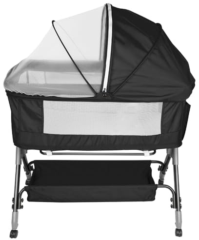 OHMG Beistellbett,Babybett,Babywiege,3 in 1 Babybett Babywiege für Neugeborene,Schaukelbettchen für Zuhause und Unterwegs mit Rädern verstellbare 6 Höhen (Schwarz（104X52X103-115cm）)