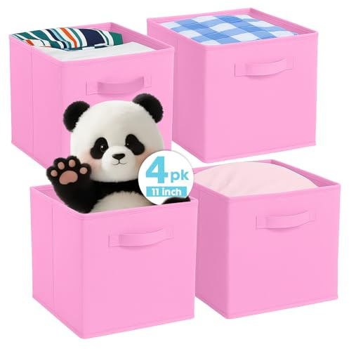 Pinkgarden Aufbewahrungsboxen, Zusammenklappbarer Stoffwürfel-Organisator mit Griffen, für Haus, Kinderzimmer, Schrank und Spielzeugorganisation, 4er-Set, 26,7 x 26,7 x 27,9 cm, Rosa