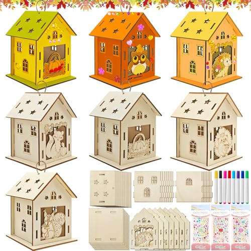 Lets Joy 7 Sets Herbst Bastelset Haus, Holz Bastelset Herbst, Erntedankfest Bemalen DIY, Tier Eichel Eichhörnchen Kürbis Muster mit Strasssteinen Stift, Deko Geschenk Kreativsets