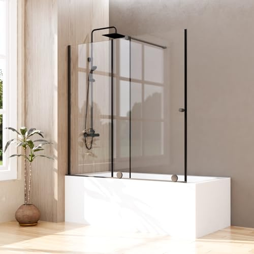 Goezes Duschwand für Badewanne 115 x 140 cm Schwarz Schiebetür, Glas Badewannenaufsatz Duschtrennwand Duschabtrennung aus 6mm ESG Sicherheitsglas, Schiebetüren ausziehbar 70-115 cm