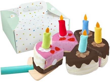 HABA Creative Play – Geburtstagstorte im Tortenkarton – Spielzeug-Torte für Kinder ab 3 Jahren – mit Klett zum Schneiden, inkl. Holz-Tortenheber & 5 Kerzen – 2012306001