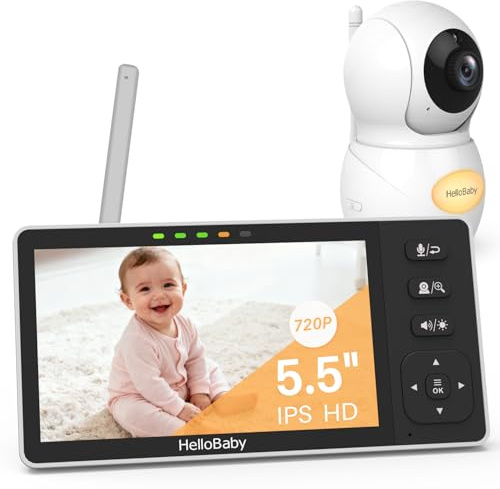 HelloBaby Cámara de bebé, Cámara vigilancia bebe, 5,5 Pulgadas Pantalla IPS Dividida Vigilabebes, Sin WiFi, 4000 mAh, Llamada Bidireccional, Visión Nocturna, Modo Eco, 8 Canciones de Cuna, 1080P, 305m
