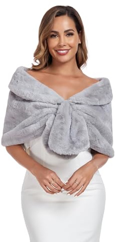 AUTTOGirl Elegant Faux Fur Scarf for Women Winter Stole Wrap Wedding Bridal Fur Evening Party Throw Scarf Shawl, Silver, One Size