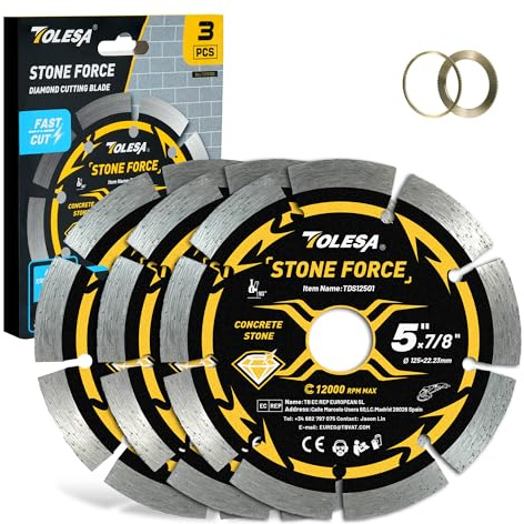 TOLESA Diamant Trennscheibe 125mm segmentiert, für Beton, Ziegel, 3tlg | Segmentierter Rand, Kern aus 65Mn Stahl, doppelte Lebensdauer, 22,23 mm Bohrung, Buchsen 20 und 16 mm, 12000 U/min