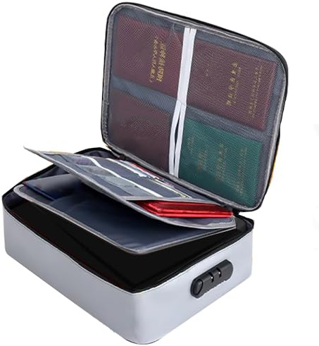 QZDAFFIC Borsa portadocumenti ignifuga con serratura, scatola impermeabile con serratura, valigetta portatile multistrato per l'ufficio a casa conserva preziosi (grigio)