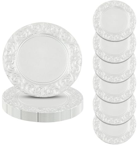 MIIWWOWO 33cm Charger Plates Set of 24 - Beautifully Embossed Finish Reusable Round Plastic Dinner Table Plates for Family Kitchen Christmas Wedding Party Celebrations Restaurant Decoration (Silver)