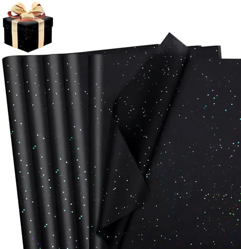 60 Blatt Geschenkpapier Schwarz, Glitzerndes Schwarzes Geschenkpapier mit Metallic-Effekt, Seidenpapier Verpackungsmaterial für Geschenktüten, Verpackungen, Geburtstag und Weihnachten