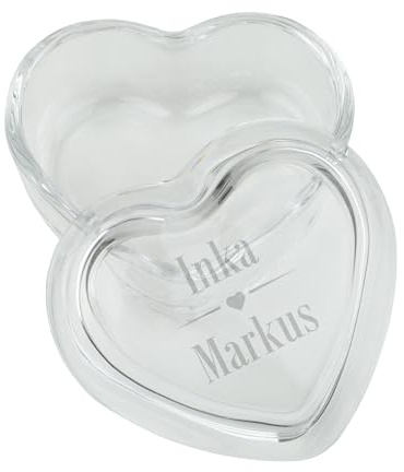 Herz & Heim® Leonardo Schmuckdose aus Glas personalisierbar mit Gravur – Schmuckschatulle in Herz-Form als Geschenk zu Hochzeit, Verlobung, Valentinstag (Namen)