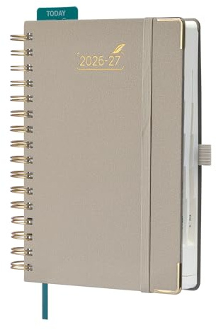 BEZEND Kalender 2026 2027 Tageskalender 1 Tag 1 Seite A5 (21,5 x 15,5 cm) | 12-Monate Terminplaner Aug 26 - Jul 27, 30-Min-Taktung 7-21 Uhr, Spiralbindung mit PU-Leder Hardcover, Beige