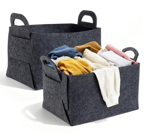 RFYTDCF 2 Stück Aufbewahrungskorb, 36 x 25 x 23 cm Faltbarer Filzkorb Groß Aufbewahrungsbox Filz mit 2 Weichen Griffen Geschenkkorb Leer Filzkörbe für Kleidung Accessoire (Dunkelgrau)
