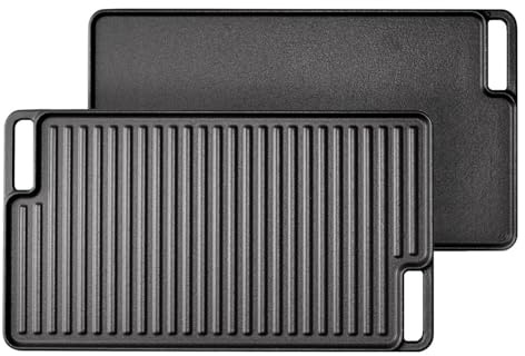 Greenfields Reversible Cast Iron Griddle Pan 45.7 x 25.7cm, Double Sided Grill Plate with Flat Griddle Side, Pre-Seasoned Naturally Non Stick, For Gas Induction Electric Hob, Oven BBQ Grill, Steak Pan