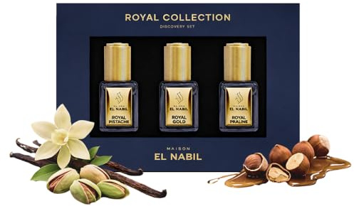 Maison El Nabil - Set Descubrimiento Perfumes Roll-On Unisex 3x5 ml (Royal Gold y Royal Pistache Unisex, Royal Praline Femenino) - Extracto de Perfume Sin Alcohol - Oriental Dubai - Idea Regalo
