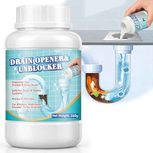 Polvere Disgorgante Professionale Forte, Stura Lavandini e Scarichi per Eliminare Odore di Fogna in Bagno, Rimuove Rapidamente Capelli, Residui e Grasso da Scarichi Cucina, Bagno e WC (260 g)