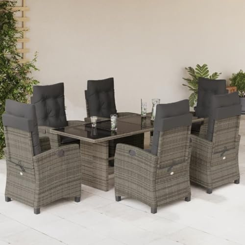 KKHOMEI Gartenmöbel Set 6 Verstellbare Hochlehner Stühlen mit Tisch Rattan Essgruppe 6 Personen Garten Sitzgruppe Terrassenmöbel Außen mit Auflagen Sitzgarnitur Grau-K399