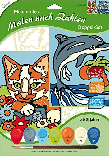 Mammut 102002 My First Painting by Numbers, Animal Motifs, Cat and Dolphin, Double Pack, Complete Set with 2 Printed Colouring Templates, 7 Acrylic Paints and Brush, Painting Set for Children from 5 Years