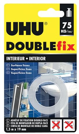 UHU Doublefix - Ruban Adhésif Double Face intérieur - Fixation Extra-Forte 75 kg/rouleau - Multi-Supports : Métal, Carrelage, Plastique, Verre, Bois, Pierre - Blanc - Rouleau de 1.5 m x 19 mm
