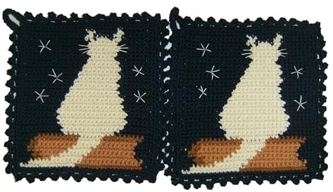 1 Paar Topflappen Katze auf Buch, gehäkelt Handarbeit
