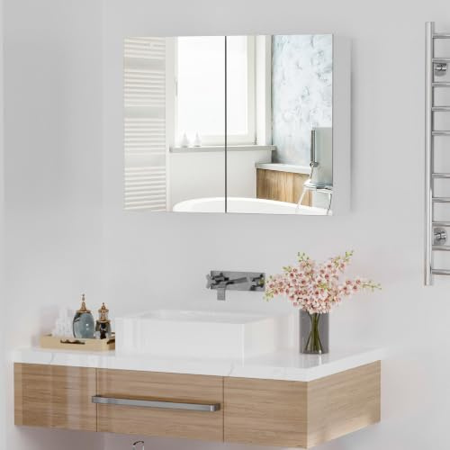 HOMCOM Spiegelschrank Badschrank mit zwei Türen Hängeschrank Badezimmerspiegel Badmöbel Mehrzweckschrank für Badezimmer Soft-Close-Funktion MDF Weiß 80 x 15 x 60 cm