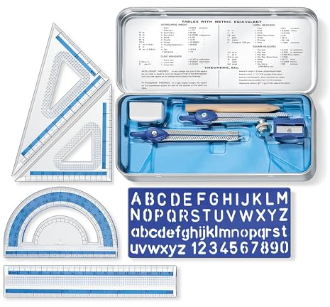 STAEDTLER 10-Piece Math Set with Metal Compass, 6 Ruler & Triangle Squares, 45° & 30/60° Set Squares, Alphabet Stencil - Measuring Tools