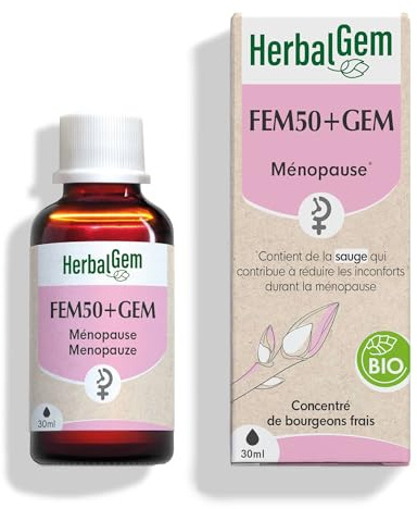 HerbalGem Fem50+Gem Bio Complexe Gemmothérapie 30 ml | Airelle, pommier, aubépine et sauge pour accompagner en douceur les changements liés à la ménopause.