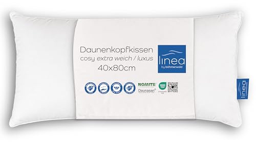 LINEA by böhmerwald Cosy - Almohada extrasuave, 40 x 80 cm, 100% plumón Blanco Nuevo, Apta para alérgicos, Lavable a 60 °C, Fabricada en Alemania