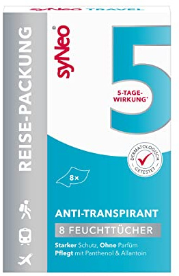syNeo 5 Antitranspirante - Toallitas desodorantes - Efecto de 5 días - Protección contra la sudoración y el olor - Para viajes - Testado dermatológicamente - Para mujeres y hombres - 1x (8 x 2,5 ml)