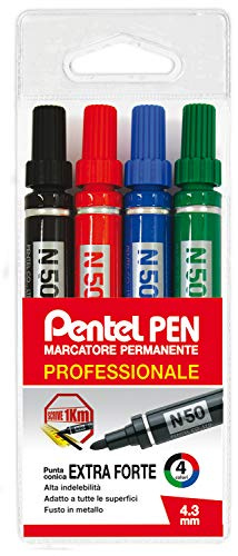 Pentel Pen N50 Marqueur permanent Pointe conique Poche 4 pièces Couleurs assorties (noir, rouge, bleu, vert)