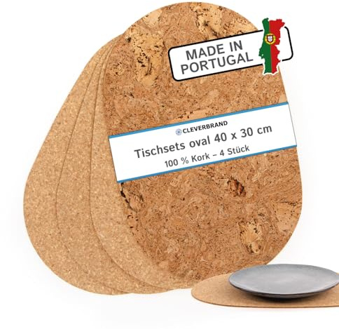 Cleverbrand Kork Tischset oval – 4er Set (40x30 cm, zweiseitig, 3 mm dick) | Umweltfreundlich, pflegeleicht & langlebig – Ideal für stilvolle Tischdekorationen