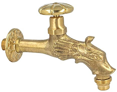 tecuro Nostalgie Auslaufventil Wasserhahn mit Drachenkopf 1/2 Zoll Wandanschluss inkl. Wandrosette Ø 54 mm Messing blank schwere Ausführung 22938