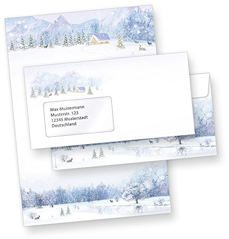 Weiße Weihnachten 100 Sets Weihnachtsbriefpapier | Briefpapier Weihnachten DIN A4 für Laser- und Inkjetdrucker, Briefumschläge DIN lang mit Fenster und Haftklebung