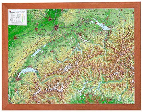 Schweiz 1:1.0 MIO mit Rahmen: Reliefkarte Schweiz klein mit Holzrahmen: Tiefgezogenes Kunststoffrelief