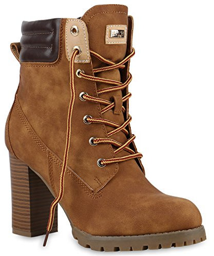 Damen Schnürstiefeletten Stiefeletten Worker Boots Wildleder-OptikHalbhohe Stiefel Schnürer Wildleder-Optik Schuhe 122666 Braun 39 Flandell