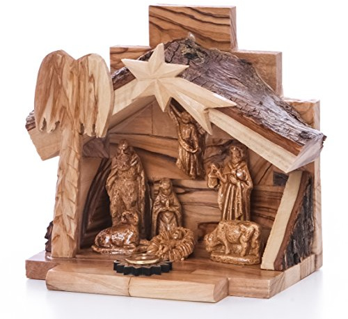Zuluf Small Olive Wood Nativity Set – Hand Carved Nativity Scene Made in Bethlehem – Christmas Indoor Home Décor, Religious Christian Gift, Wooden Manger with Holy Family Figurines 4.7”