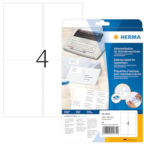 HERMA 4434 Adressetiketten für Schreibmaschinen, 20 Blatt, 102 x 148 mm, 4 pro A4 Bogen, 80 Stück, selbstklebend, bedruckbar, matt, blanko Papier Klebeetiketten Adressaufkleber Etiketten, weiß