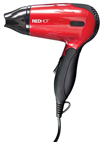 Red Hot 37070 1200W Travel Hair Dryer with Folding Handle/Dual Voltage / 2 Heat Settings/Compact & Lightweight/Red Coloured