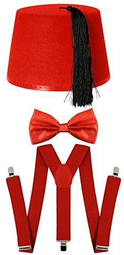Röd fez + rosett + hängslen utklädningsklänning tillbehör set utrymme tid doktor resa cosplay utomhus röd rosett slips