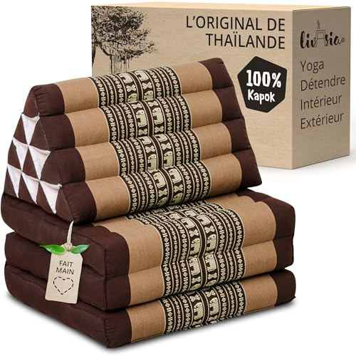 livasia Thai cushion with 3 seat rests - 69x20x3.1″ - Triangle cushion with folding mattress, Wedge cushion, kapok, Back support cushion, folding, Thai mat, folding, Hand made (Brown/Elephants)