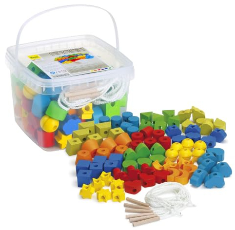 Erzi 42518 Lernspiel Fädelsteine aus Holz, für Kinder | Fördert Kreativität und Feinmotorik